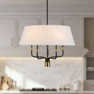 Dyna 24 in Black Pendant with Brushed Gold Accents and Natural Linen Shade
